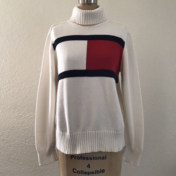 Vintage Y2k Tommy Hilfiger Made in Japan Ivory Cotton Knit Turtleneck Sweater M - Picture 3 of 9